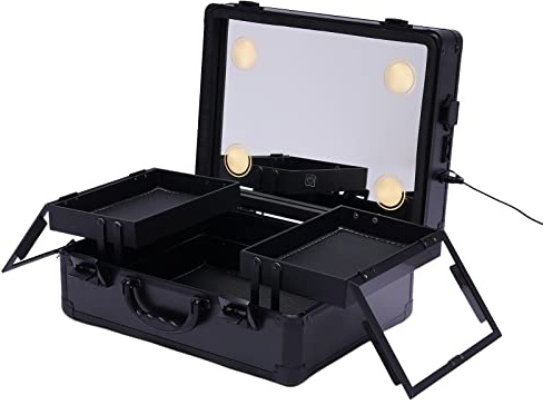 LANNADD Schminkkoffer, Tragbare Kosmetiktasche Mit 4 Led Licht und Spiegel, Kosmetischer Organizer Make-Up Artist Organizer Set Geeignet für Die Aufbewahrung Von Kosmetika (Schwarz)