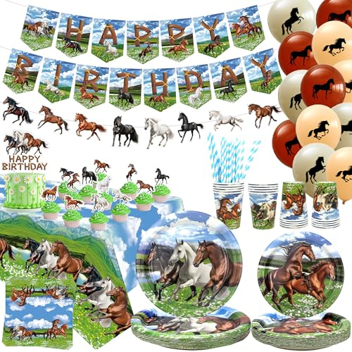 Pferd Geburtstag Party Dekoration, Pferdeparty-Zubehör, Teller, Tassen, Servietten, Tischdecke, Happy Birthday Banner, Cake Topper für Cowboy Western Cowboy Cowboy