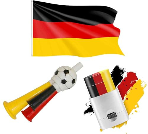 Taffstyle 3-teiliges Set EM WM 2026 Fanartikel Land Fan Fanartikel Fussball Europameisterschaft Frauen Männer Basketball Handball Schminkstift Tröte Deutschland Fahne 90 cm x 60 cm