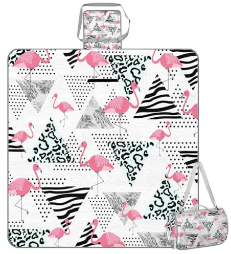 Mularoka Geometrische Flamingo-Picknickdecke, wasserdicht, sanddicht, faltbar, Stranddecke, 150 x 145 cm, extra groß, tragbar, waschbar, Outdoor-Matte für Camping, Park, Gras, Wandern, Reisen