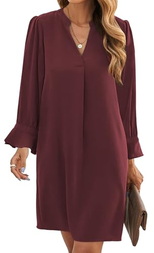 Famulily Lässiges Minikleid für Damen, gerüscht, lange Ärmel, V-Ausschnitt, Etuikleid, lockere Arbeitskleider, S-XXL, wein, XL
