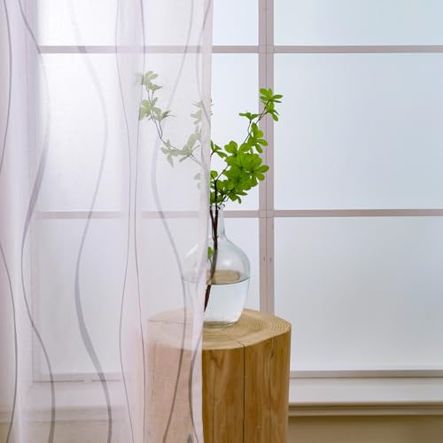 L.Z.E Vorhänge Weiß Grau für Wohnzimmer Gardinen mit Kräuselband für Schienensystem Transparent Schiene Vorhang Gardine für Schlafzimmer 2er Set Leinenoptik Schals Modern 245 cm Lang