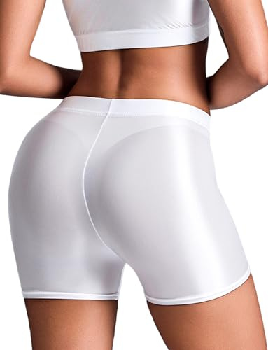 Maeau Korta byxor, dam, olja, glans, hotpants, elastiska sportshorts, hög midja, glansig shorts, korta, glänsande yogabyxor, olja, glänsande tights, shorts för yoga, löpning, fitness, S, M, L, Vit, S