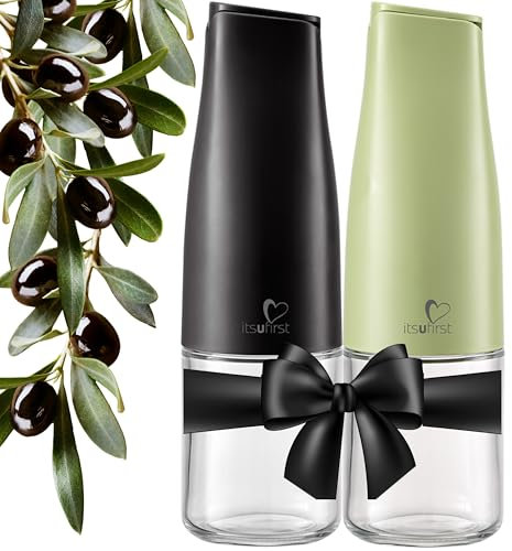 itsufirst® Olive Oil and Vinegar Dispenser Set – 2x500ml Glass Pourer Bottles with Auto Flip, Non-Drip, Leak Proof Oil Bottles for Kitchen Cooking, Celestial & Meadow (Matte-Black + Green) Pack Of 2