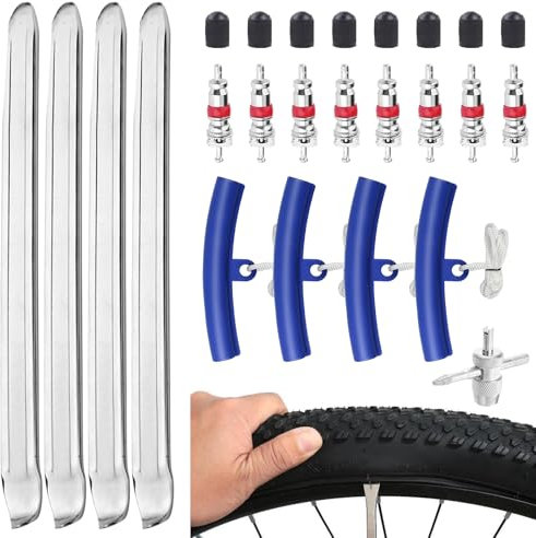 ZOCONE 25 Pièces Demonte Pneu 30cm Outil Levier de Pneu Demonte Valve Pneu Outil avec 4 Jantes Protecteurs, 1 Clé, 8 Bouchons, 8 Noyaux de Valve pour Moto Trottinette Vélo Outils de Réparation Pneus