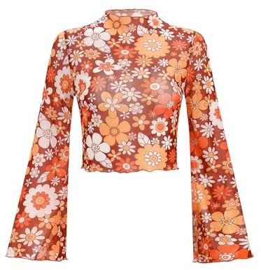 FYMNSI Haut en maille pour femme - Top en mesh transparent - Motifs floraux bohème - Blouses hippie années 70 - Col roulé - Manches cloche - Tunique, Orange, L