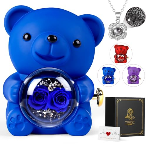 Orsacchiotto di rose con collana in confezione regalo per fidanzata, carino per sempre, rosa conservata, regalo romantico per lei, orso di San Valentino, decorazione per anniversario per donna, blu