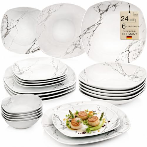 SÄNGER Bilgola Marmor Tafelservice 24-teiliges Geschirrset für 6 Personen | Mit Speise-, Dessert- und Suppentellern, Müslischalen aus Porzellan, Teller set, Essgeschirr in stilvoller eckiger Form.
