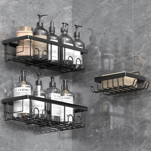 AceMining Shower Caddy, 3 Pack Black Shower Storage Organiser with Hooks, Adhesives Bathroom Caddy No Drill, Bathroom Wall Storage Accessories