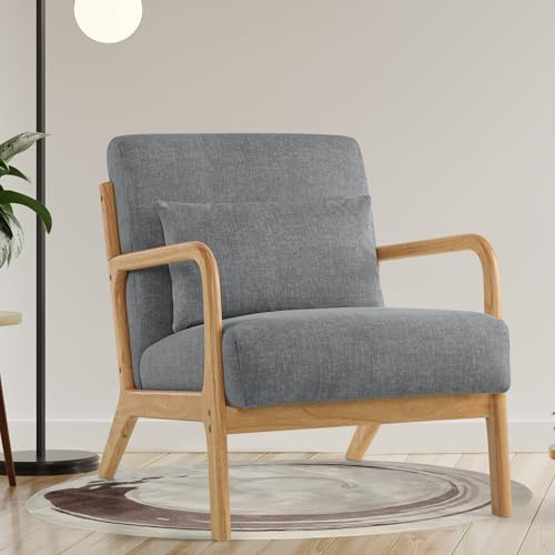 Aunekiv Lounge-Sessel, Akzentstuhl mit Kissen, Polstersessel mit Holzrahmen & Armlehnen, Moderner Lesesessel für Wohnzimmer, Schlafzimmer, Leseecke & Büro (81.5 x 63.5 x 74.5 cm, Dunkelgrau)