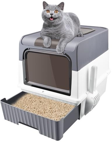 OHMG Arenero Gato Cerrado con Doble Entrada,Caja de Arena para Gatos Cubierta, Arenero Gatos con Bandeja Extraíble y Pala,Arenero para Gatos de Fácil Limpieza