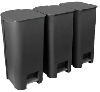 Practic Juego de reciclaje de 3 cubos de 40 litros con pedal – Sistema de separación de residuos de plástico resistente | Cubo separador de residuos | Diseño moderno en grafito oscuro, ideal para