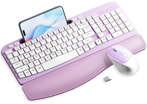 Wireless Keyboard and Mouse Combo, Wave Keys Computer Ergonomic Keyboard with Cushioned Plam Rest, Phone Holder, 2.4GHz Silent 6 Button Wireless Mouse Set for Laptop, PC, Windows, Mac (Purple)
