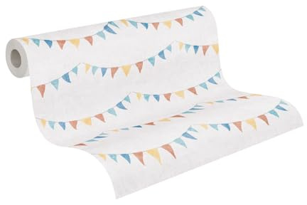 A.S. Création Wimpel-Vliestapete – Blau, Gelb, Rot – 10,05 x 0,53 m | Verspieltes Wimpel-Motiv für Kinderzimmer – matte Motivtapete, einfach zu verkleben & spurlos abziehbar