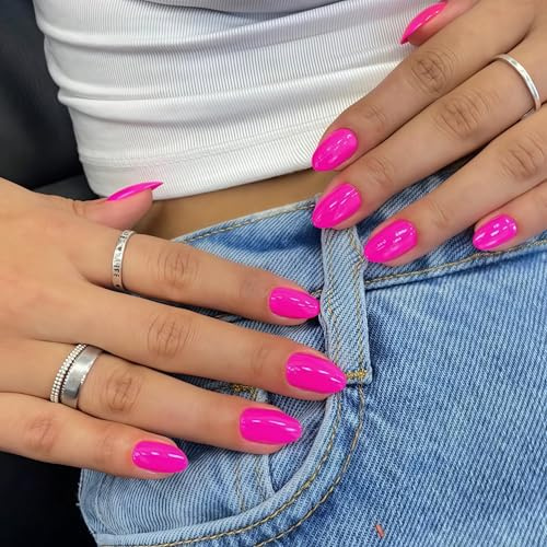 KQueenest Heiß Rosa Press On Nails Kurz, Acryl Nägel zum Aufkleben Kurz Runde, Einfarbig Fake Nails Mandel Fingernägel zum aufkleben, Glänzende Gel Kunstnägel für Frauen Alltagstauglich 24 Stück