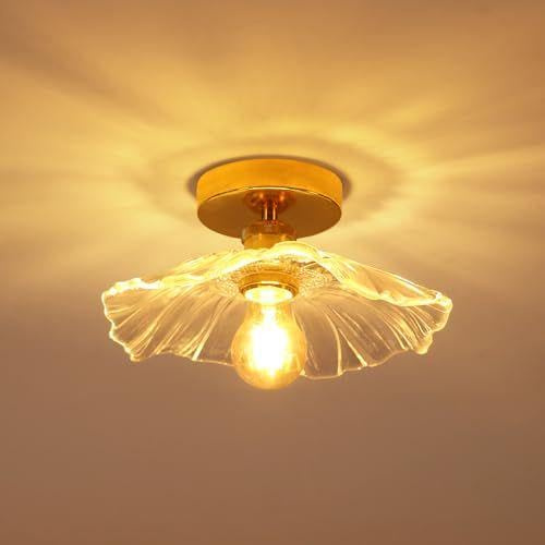 Plafoniere da Soffitto Vintage, Lampada da Soffitto Creativa a Forma di Fiore, E27 Plafoniera in Vetro Trasparente Oro per Corridoio Camera da Letto Soggiorno Balcone, 28CM