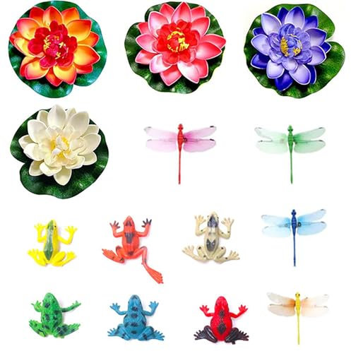 JINJUMEI 14 Piezas Nenúfares Decoracion de Estanque,Nenufares Flotantes Artificiales de Espuma Lirios Artificiales con LibéLula Artificial Rana para Piscina Acuarios Decor