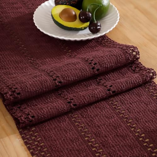 Tischläufer Weinrot Boho Makramee Baumwolle Leinen 30 X 183 Häkelspitze Mesh Tischband Bauernhaus Klein Landhausstil Läufer Tisch Modern Böhmische Dekoration für Küche Hochzeit Party Deko