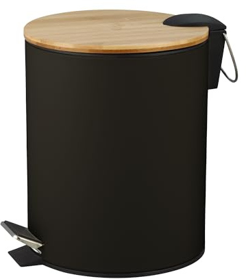 Amig - Cubo de Basura para Baño con Pedal 3 Litros Mod. Naturline - Color Negro y Bambú - Apertura Higiénica sin Manos - Ø16,8 x 23 cm - Acero Inoxidable Lacado - Papelera Redonda con Tapa Hermética