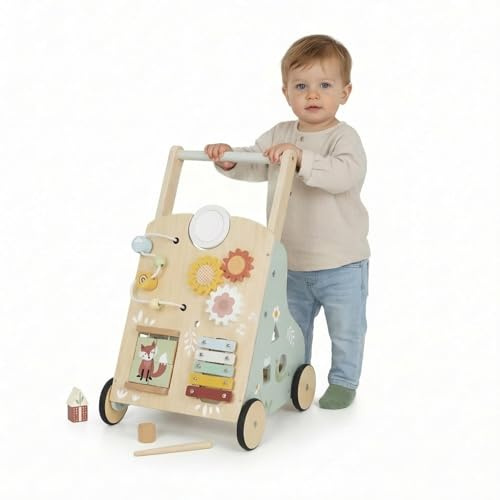 KAUZA 3-in-1 Lauflernwagen Holz, Montessori Lauflernhilfe mit Aufbewahrung für Kleinkinder 1–3Jahre, Schiebehilfe für die ersten Schritte, Bau-und-Spiel Lernlaufwagen, Lernen, Balance & Erste Schritte