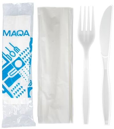 MAQA 100 Set Posate Compostabili in CPLA – Coltello, Forchetta e Tovagliolo 2 Veli – Imbustati Singolarmente – Idonei al Contatto Alimentare – Ideali per Catering, Take Away e Mense