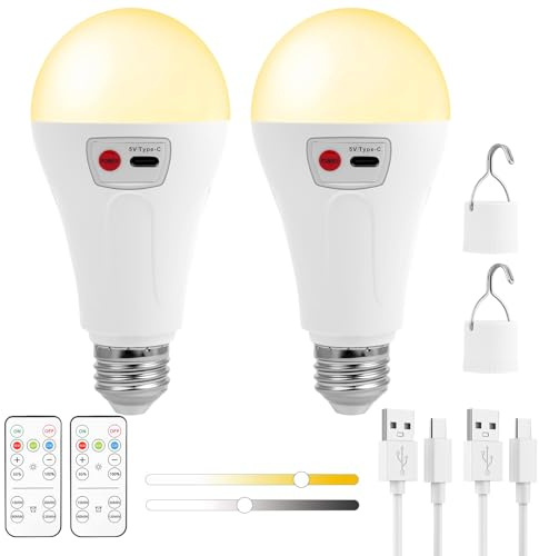 AUAUY 2 Piezas Bombilla Recargable USB, E27 7W Bombilla con Mando, 2000mah | LED 3 Colores Regulable a Pilas de 2000mah, Luz de Emergencia para Hogar y Exterior