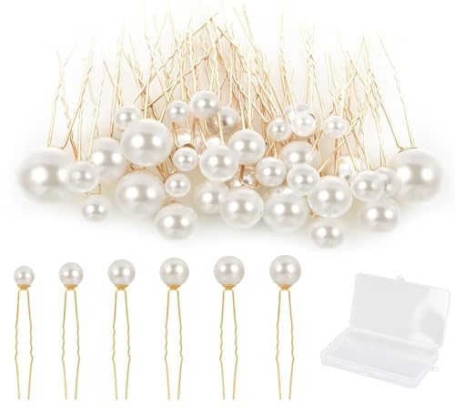 36Pcs Elegant Pearl Pins for Wedding Hair Accessories, U Shaped Pearl Hair Pins for Women Brides Bridesmaids with Glossy Finish, 6 Sizes (Gold)