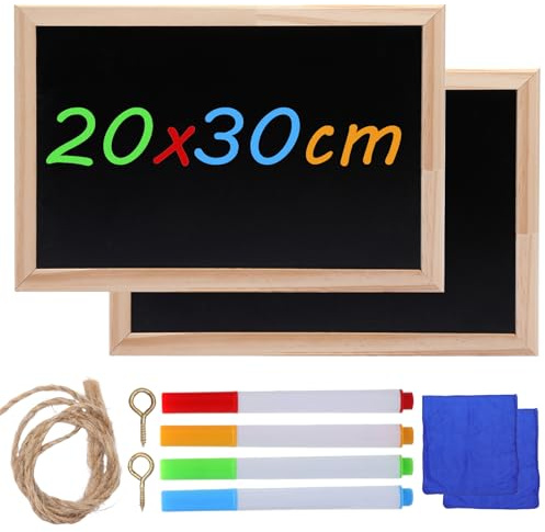 Set 2 pezzi lavagna nera 20x30cm con cornice in legno, lavagna con gessetti cancellabile, lavagna gesso multiuso per bambini, scuola, casa, scriverein ardesia, da parete per ristorante