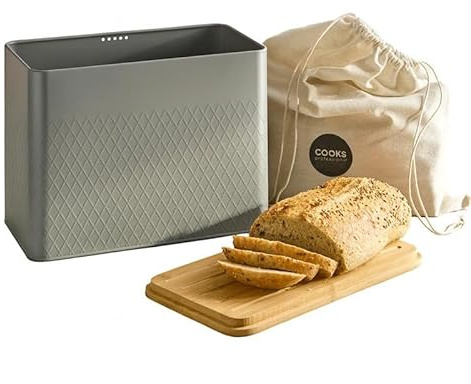 Cooks Professional Bread Bin with Linen Bag & Bamboo Cutting Board Lid | Modern & Stylish Diamond Pattern | Breathable Rectangular Countertop Food Storage Canister for Loaves, Rolls, Pastries | Grey