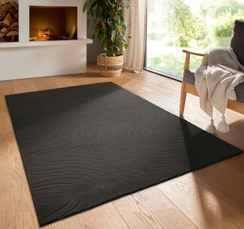 Kurzflor Boho Vintage Teppich waschbar, pflegeleicht geeignet für Wohnzimmer, Schlafzimmer und Kinderzimmer Kinderteppich auch als Badematte Badzimmerteppich Anthrazit abstrakte Wellen 080x150 cm