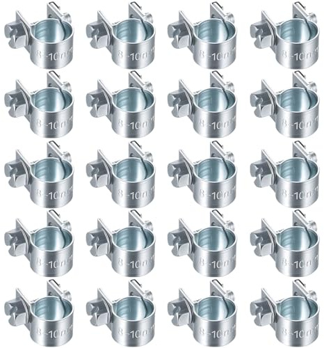 ANBEEISS 20 Pcs Adjustable Fuel Line Hose Clips, 8-10mm | Small pipe clamps, fuel injection style, for automotive diesel and petrol lines, 8-10mm.