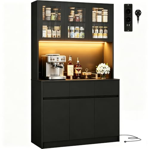 Wumagin Küchenschrank Buffetschrank mit L-E-D Sideboard für Küche mit Ladestation,Hochschrank mit Arbeitsplatte und 3 Schubladen Küchenbuffet mit Verstellbares Regal für Esszimmer