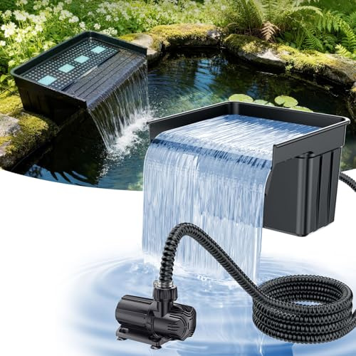 POPOSOAP Pond Waterfall 43 cm Spillway 4600 L/h Water Flow for Large Pond | Waterfall with 42W DC Pond Pump, 3m Corrugated Tubing, Filter Media, for Outdoor Water Garden Water Features Streams