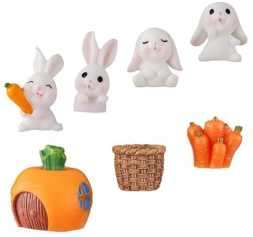 Hohopeti 7pcs Miniature Rabbit Figurines Set Plastic Bunny Decorations with Carrots and Basket, Small Rabbit Ornaments for Cake Toppers, Lawn and Home DIY Farm Animal Decor