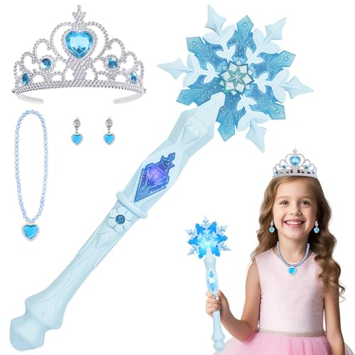 AUYAO Magique pour Enfants, 4pcs Baguette de Flocon de Neige Lumineuse Filles avec Musique, Baguette Magique Princesse avec Couronne, Collier, Boucles d'oreilles pour Noël Carnaval(Bleu)