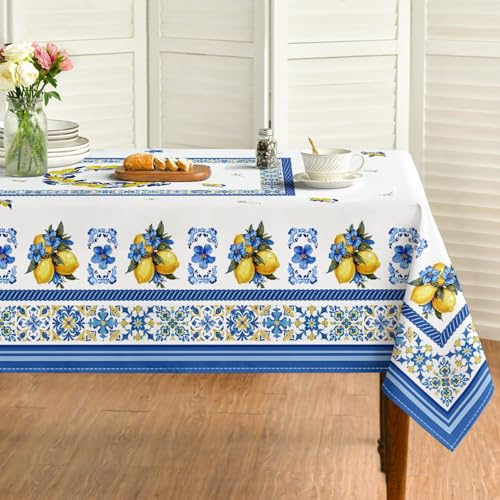 Horaldaily Summer Tablecloth 60×84 Inch Rectangular, Vintage Classical Lemons Jasmine Leaves Blue Yellow Washable Seasonal Table Cover for Party Picnic Dinner Decor