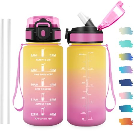 JAPORIA Bouteille d'eau 500ml, Gourde avec Paille, Gourde avec Marqueur de Temps, Gourdes Motivation pour Yoga, École, Bureau, Randonnée