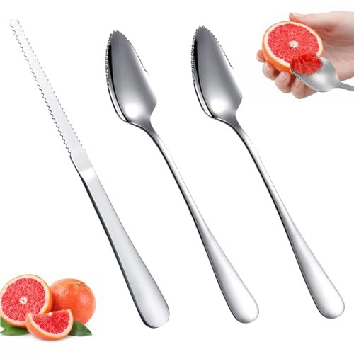 3 Stück Grapefruit Löffel Set, Das Set beinhaltet 2 Kiwi Löffel und 1 Grapefruitmesse, Edelstahl Kiwilöffel mit Wellenschliff für Kiwi Äpfel Grapefruits(Silber)