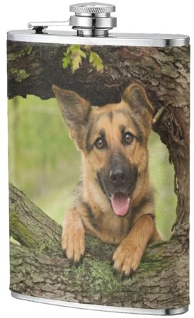 Árbol del perro pastor alemán,Frasco de acero inoxidable 304 de 8 oz con funda de cuero sintético, frasco de bolsillo para licor plano para exteriores