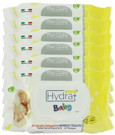 Hydra Viva+ Set 6CF Salviette Baby Detergenti con Aloe Vera e Vitamina E - con Clip, per Bambini, Umidifciate, Cambio Pannolino, Dermatologicamente Testate, PH Fisiologico - Made in Italy