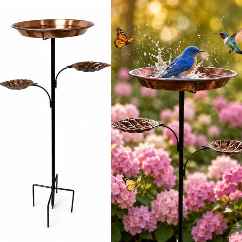 Yalitrca Vogeltränke Stehend, 2-in-1 Metall Vogelbad & Vogelfutterspender mit 3 Schalen, stabile 5-Zinken-Basis, Wassertränke für Vögel, Winterfest wetterfest, für Garten Balkon, Antik-Kupfer, 93 cm