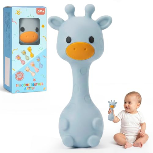 Joyvity Baby Rassel Spielzeug, Babyspielzeug ab 3 Monate, Beißring Baby Silikon, Sensorisches Montessori Spielzeug in Giraffe, Motorikspielzeug Geschenke für Babys Jungen und Mädchen 0-24 Monate Blau