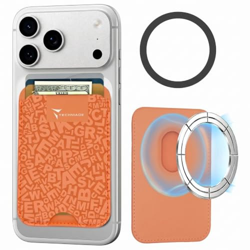 TECHMADE Korthållare kompatibel för iPhone, adapterring ingår - plats för 3 kort eller kontanter, snabbt utdragningssystem - RFID-blockering, veganskt konstläder, Orange bokstäver, En storlek passar