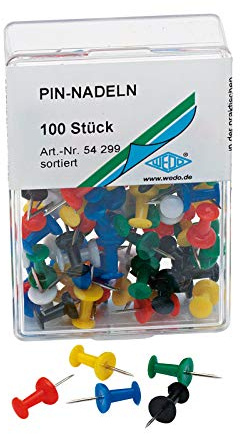 Wedo 54299 Pinnadeln Diabolo-Form, Länge 2,3 cm, Kopfdurchmesser 9 mm, Nadellänge 1,1 cm, 100 Stück in Klarsichtdose, farbig sortiert