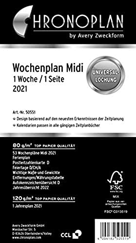 Chronoplan 50551 Kalendereinlage 2021, Wochenplan Midi in Zeilen (96x172mm), Ersatzkalendarium, ideal für übersichtliche Wochenplanung, Universallochung (1 Woche auf 1 Seite), weiß
