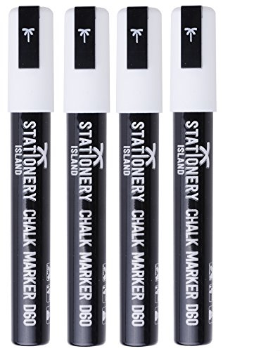 Stationery Island Rotuladores de Tiza Liquida Borrado en Seco, Punta Biselada 6 mm - Paquete de 4 Blancas para Vidrio, Pizarras Blancas Y Pizarras Negro, para el Hogar, la Escuela o la Oficina