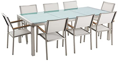 Beliani Gartenmöbelset Tisch aus EIS-Crashglas 8 Stühle in Weiß 220 cm Grosseto