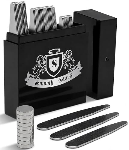 44 Durable Magnetic Stainless Steel Collar Stiffeners with 10 Collar Stays Magnets – 3 Sizes in a Divided Box