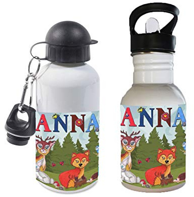 Trinkflasche personalisiert mit Name, Waldtiere | 400ml, 500ml oder 600ml, Schriftwahl für Name, Edelstahl oder Aluminium