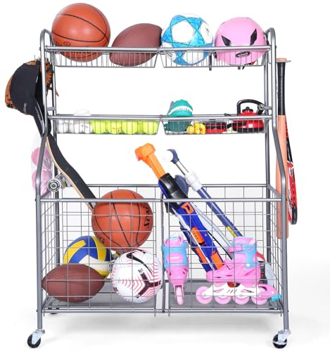Kinghouse Garage Sportgeräte Organizer, Sportgeräte Aufbewahrung für Garage mit Körben und Haken, Rollende Basketballständer für Bälle mit Rädern, grau, pulverbeschichteter Stahl